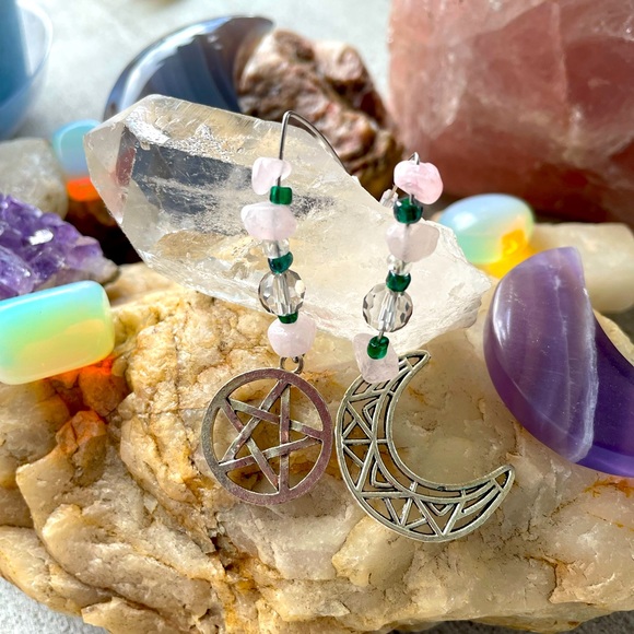 Hand Crafted Jewelry - ☀️ Rose Quartz Celestial Earrings 🌙 with Silver Pendants, Trending 2022